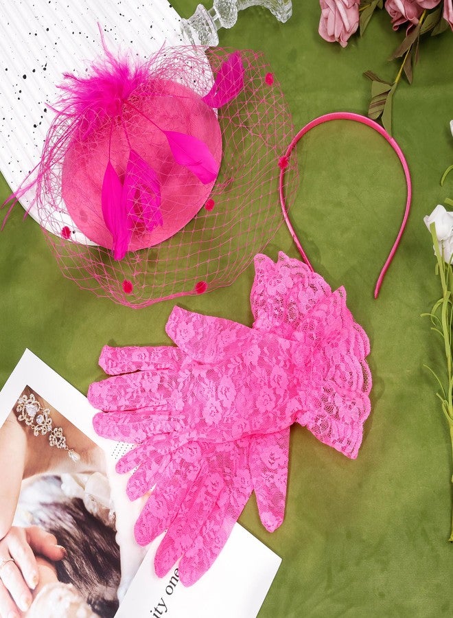 LOREMOW Fascinator for Women 20s 50s Hat with Veil Mesh Feathers Tea Party Hair Clip Fascinator and Lace Glove Hot Pink - Image 2